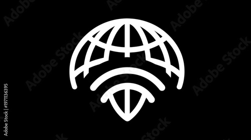 Modern Line Art Global Communication Icon, Wireless Network Connection Symbol with World Globe on Black Background