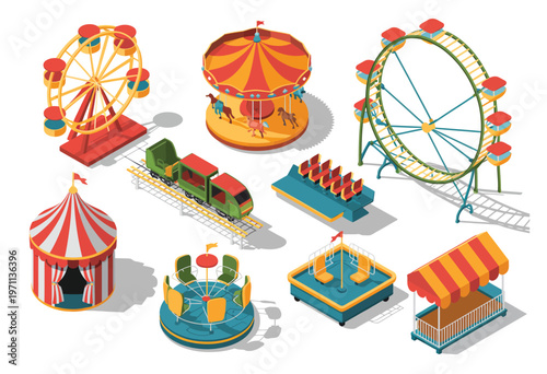 Collection of isometric 3D amusement park icons showcasing ferris wheel, roller coaster, carousel, carnival tent, swing ride, and food stall elements,