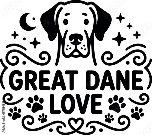 Great dane love with dog face paw prints and stars decorative vector art