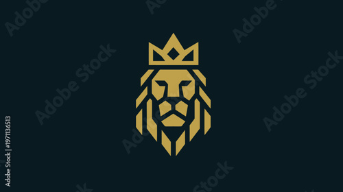 Majestic Golden Geometric Lion Head with Crown Logo on Dark Background, Symbol of Strength, Royalty, and Leadership
