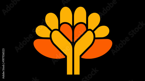 Stylized Warm Orange Yellow Flower Illustration on Black Background. Retro Modern Art Graphic Representing Nature, Growth, and Community.