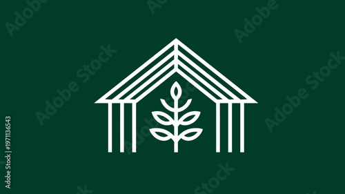 Sustainable home icon with growing plant inside, minimalist line art illustration for eco-friendly living and green architecture.