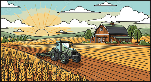 Tractor plowing a golden wheat field with a rustic barn and trees in the background at sunrise.
