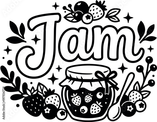 Jam lettering with berries jar spoon and leaves black and white vector art
