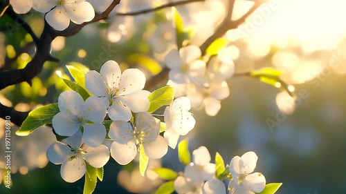 Close up of delicate white apple blossoms bathed in warm golden sunlight.