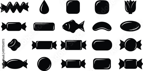 Set of black candy silhouettes, sweet chocolate and gummy dessert icons, various sugar snack shapes for food packaging design, isolated vector illustration on white background,