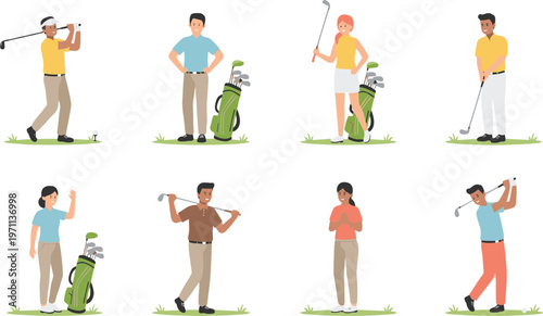Vector illustration of golfers with clubs and bags in different stances and poses