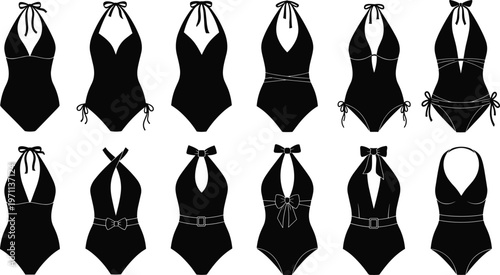 Set of black one piece swimsuit silhouettes, elegant female swimwear icons, various fashion monokini styles for summer beach vacations, isolated vector illustration on white background,