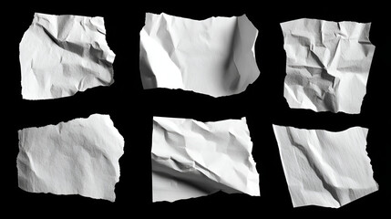 Crumpled white paper scrap texture collection, torn wrinkled note set, ripped creased pieces of sheet isolated on black background Stock Vector