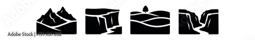 Landscape icon set solid. mountain range, cliff block, rolling hills, canyon gorge, nature symbols. flat vector illustration.