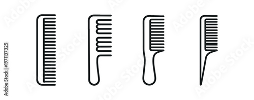 Hair comb icon set. comb, hairbrush, styling tool, pocket comb, fine tooth, tail comb. line and flat vector icon set.