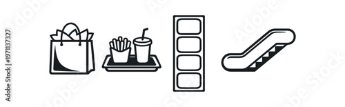 Shopping bag, fast food tray, elevator buttons and escalator icon set. mall, retail, food court, transport, services. line and flat vector illustration.