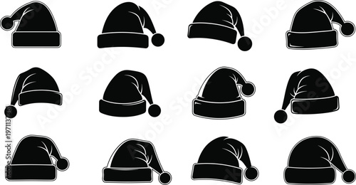 Set of black Santa hat silhouettes, decorative Christmas headwear icons for holiday celebration, various winter cap styles for festive season design, isolated vector illustration on white background,