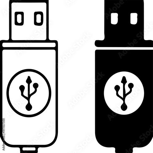 USB flash drive vector icons, black and white memory stick symbols, portable data storage device silhouettes for technology and computing design