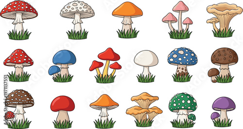 Set of colorful mushroom icons, various forest fungi illustrations with grass, cute cartoon toadstool collection for nature and autumn designs, isolated vector on white background,