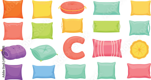 Set of colorful pillow icons, comfortable textile cushions for home interior decor, various soft bed and sofa accessories, isolated flat vector illustration on white background,