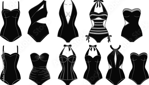 Set of women's one piece swimsuit silhouettes in various elegant styles including halter neck, cut out, and monokini designs, perfect for summer beach fashion, swimwear retail, and vacation