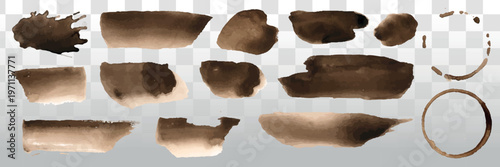 Abstract brown watercolor brush strokes on transparent background. Various shapes and textures. Artistic brush strokes for creative design projects. Element vector set.