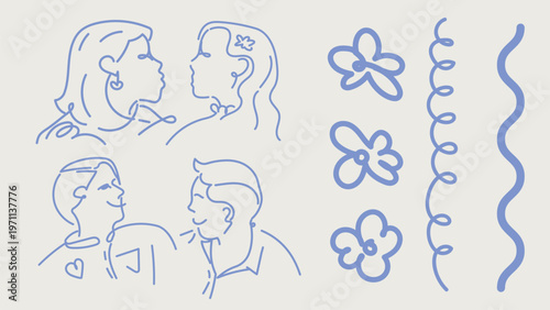 Line art of couples and flowers. Couples in love, flowers, and decorative lines. Simple line art of couples, flowers, and wavy lines. Doodle vector set.