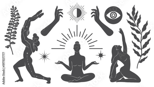Silhouette illustrations of yoga poses, meditation, and spiritual symbols. Yoga, meditation, and spiritual elements are central. Black and white design. Spirituality vector set.