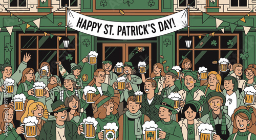 Illustration of a lively crowd of people celebrating St. Patrick's Day with beer in a pub with a banner reading 'HAPPY ST. PATRICK'S DAY!' in a festive and joyful atmosphere.
