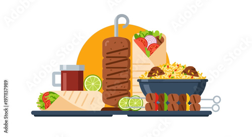 Middle Eastern Halal Food Vector Illustration with Kebab, Shawarma, and Biryani Rice