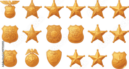 Vector illustration of police badges and stars representing law enforcement and official insignia