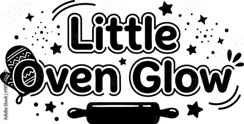 Little oven glow with mitten and rolling pin black and white vector art