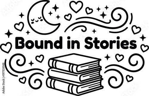 Stack of books with bound in stories lettering surrounded by moon hearts and swirls vector art