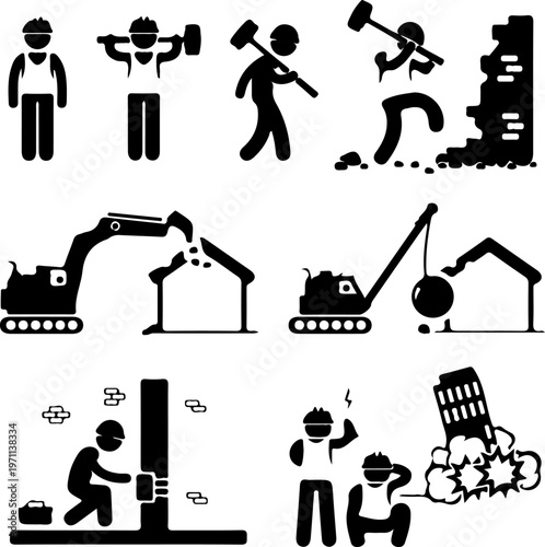 Demolition construction worker icons, building destruction and site clearance vector set, industrial wrecking crew with heavy machinery and tools