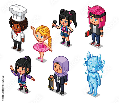 Portraits and avatars of people, male and female expressing emotions. Laughter and joy, smile and calmness. Diversity of personages, multiethnic society. Cartoon characters, vector isometric pixel