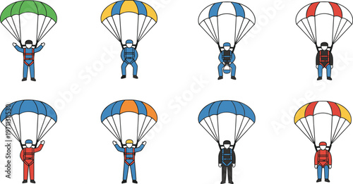 Vector illustration of skydivers with colorful parachutes in mid‑air positions