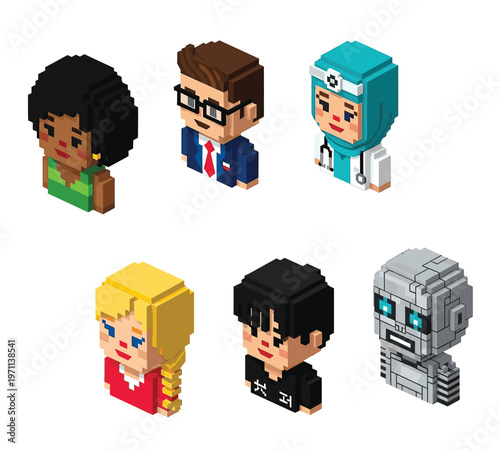 Portraits and avatars of people, male and female expressing emotions. Laughter and joy, smile and calmness. Diversity of personages, multiethnic society. Cartoon characters, vector isometric pixel