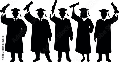 Group of graduates celebrating with diplomas and caps raised