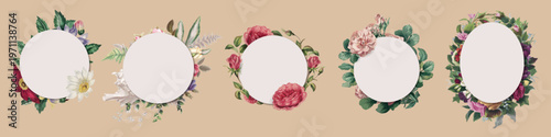 Five vintage floral frames with roses and daisies. Each frame features a unique floral design. Perfect for vintage-themed projects and floral art lovers. Frame illustrations, isolated vector set.