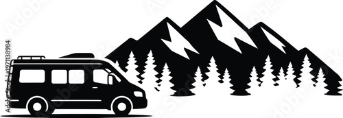 Camper Van Travel Illustration with Mountain Range and Pine Forest Silhouette