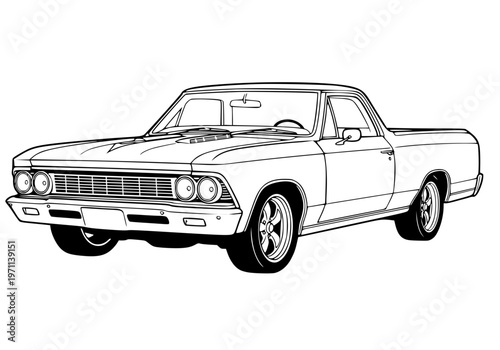 Classic Vintage Coupe Utility Pickup Truck Vector Illustration, Retro 1960s American Muscle Truck Line Art