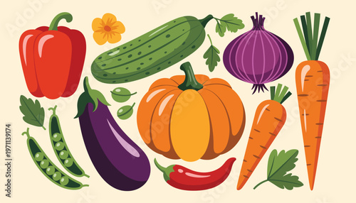 Fresh vegetables, organic farm food, colorful bell pepper, carrot, eggplant, cucumber, green peas, onion, and pumpkin, presented as a vintage vegetable collection in risograph linocut print style, 