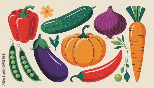 Fresh vegetables, organic farm food illustration featuring bell pepper, carrot, eggplant, cucumber, green peas, onion, and pumpkin, designed as a colorful vintage vegetable 