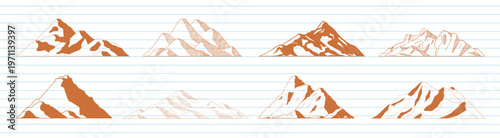 Illustration of eight stylized mountain peaks in brown and white, lined up on a grid background. Each mountain peak has unique patterns and shapes. Nature elements, vector set.