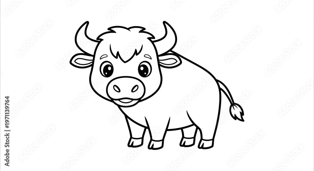 Fototapeta premium A cartoon bull with big eyes and horns standing calmly depicted in a line drawing style for coloring book fun suitable for kids' educational materials and farm animal themes.