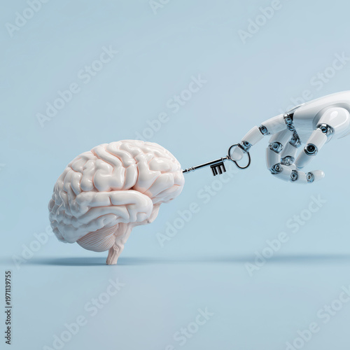 Robot hand a key, touching human brain, symbolizing ai unlocking human intelligence, technology, and conscious mind