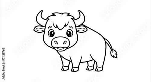 A cartoon bull with big eyes and horns standing calmly depicted in a line drawing style for coloring book fun suitable for kids' educational materials and farm animal themes.