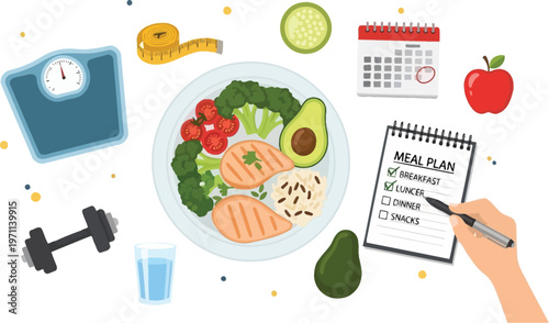 Healthy food meal plan with fitness equipment and measuring tape.