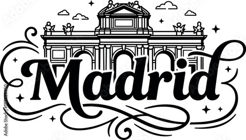 Madrid lettering with detailed puerta de alcalá landmark line art and decorative swirls