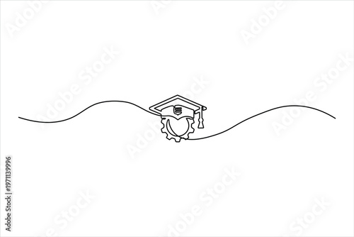 Minimalist continuous one line drawing of a graduation cap and gear, representing technical education, engineering, and vocational skills training.