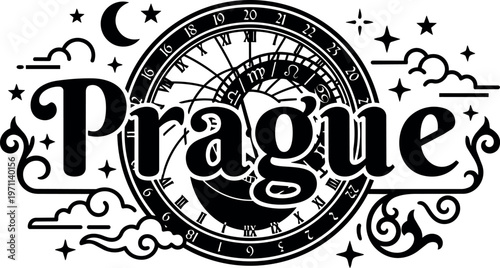 Astrological clock with prague lettering ornamental vector art black and white