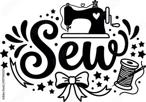 Black and white sewing machine with sew lettering spool and needle vector art