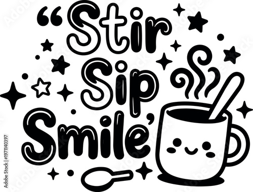 Black and white stir sip smile cute coffee cup with spoon and stars vector art
