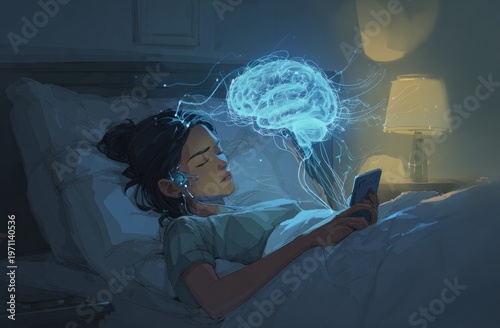 Wallpaper Mural Girl sleeping in bed with eyes closed and hovering brain illustration displayed above Torontodigital.ca